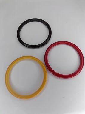 Vintage Bakelite Bangle Bracelet Trio - Tested - Red Yellow Black Spacers 2.5"